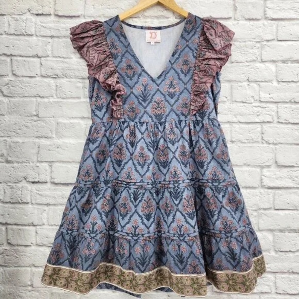 Victoria Dunn Blue Gray Sundress with Flutter Sleeves